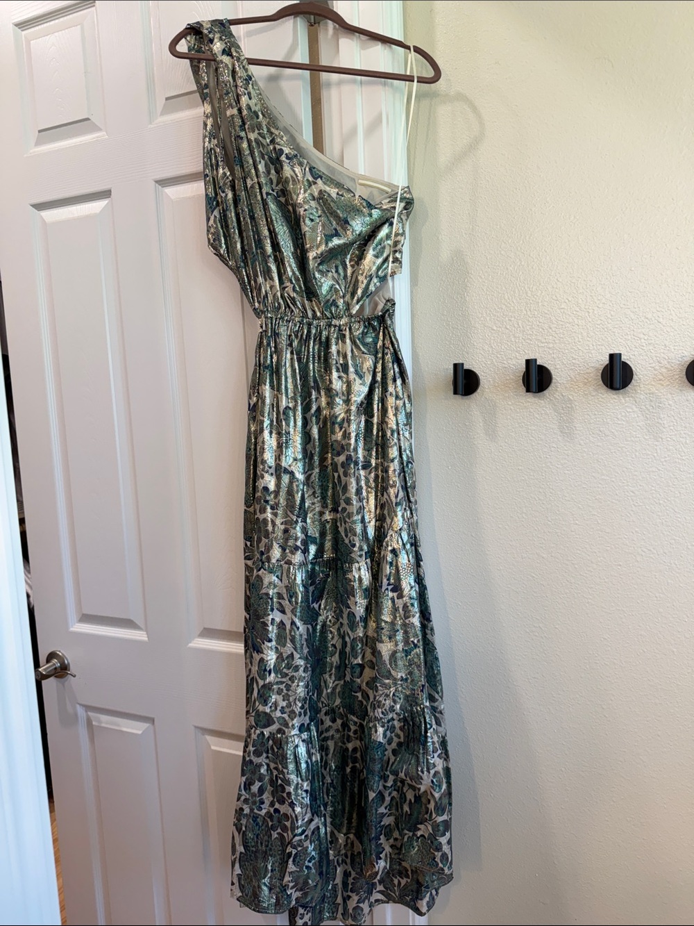 J. Crew Shimmering One-Shoulder Green Floral Maxi Dress